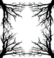 Black silhouettes of bare tree branches create natural frame border on white background, isolated design element for gothic and Halloween projects.