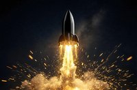 Powerful rocket launch with bright flames and sparks against starry night sky. Space exploration, aerospace technology, mission startup concept.