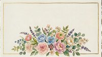 Vintage floral arrangement with roses, lavender, and greenery in soft pink, blue, and cream tones on aged paper background.