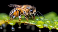 Macro photography of honey bee drinking water droplets from green leaf surface in garden. Detailed view shows wings, antennae and body segments in sharp focus.