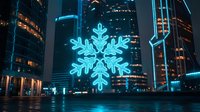 Giant glowing blue snowflake hologram floating in futuristic city street at night with illuminated skyscrapers and neon lights creating winter holiday atmosphere.