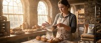 Young woman with light skin tone and brown hair, wearing casual work apron, arranging fresh baked croissants in rustic bakery kitchen with warm sunlight streaming through arched windows, artisanal food preparation.