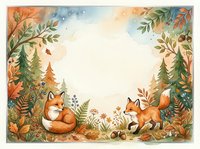 Watercolor autumn forest frame with two cute foxes, colorful foliage, pine trees, and copy space for greeting cards or invitations.