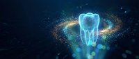 Glowing blue tooth with golden particle effects on dark background for dental care and oral health concepts.