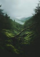Misty mountain valley with lush green moss-covered slopes and evergreen trees creating mysterious atmosphere in moody forest landscape.