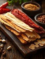 Dried red and white bean curd sheets stacked on rustic wooden board with chili peppers, spices and nuts. Traditional Asian ingredients in moody lighting.