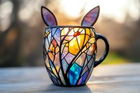 Magical coffee mug with stained glass pattern featuring butterfly ears and vibrant mosaic design glowing in warm sunlight on wooden surface, artistic drinkware.