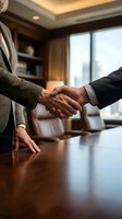 Business professionals shaking hands in modern office conference room sealing deal or partnership agreement during corporate meeting.