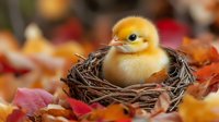 Adorable yellow baby chick sitting in woven nest surrounded by colorful autumn leaves, perfect for spring Easter decorations and seasonal designs.