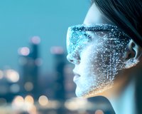 Profile view of woman with digital network overlay on face against blurred city lights background, representing artificial intelligence and future technology.