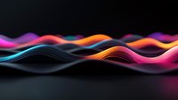 Colorful glowing waves on dark background with neon pink, orange, and blue light trails creating dynamic flowing motion effect for technology designs.