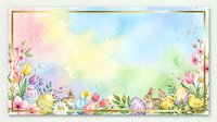 Watercolor spring flowers border with pastel colors, gold frame, and soft blurred background. Isolated design element for invitations, cards, and decorative projects.