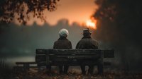 Elderly couple sitting on park bench watching dramatic sunset through trees, romantic autumn evening scene for relationship and aging concepts.