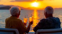 Senior couple enjoying cocktails at sunset by ocean, sitting in beach chairs with golden sun reflecting on water, romantic vacation moment.