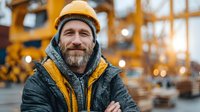 Smiling bearded construction worker in hard hat and winter jacket at industrial site during golden hour sunset with warm lighting and blurred background.