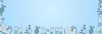 Medical education border with healthcare symbols, stethoscopes, books, test tubes and pills on light blue background for academic presentations.