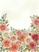 Watercolor floral border with pink and cream roses, green foliage, and berries on cream background. Isolated design for invitations, cards, and decorative projects.