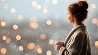 Young woman with hair bun in cozy knit cardigan holding coffee cup, gazing thoughtfully at window with bokeh lights and falling snow in background.
