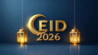 Golden Eid 2026 text with crescent moon symbol and glowing traditional lanterns on dark blue background, festive Islamic celebration design elements.