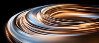 Luxurious metallic swirls in copper and silver tones create dynamic flowing curves against dark background, abstract modern design element for luxury branding.