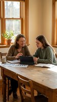 Mother and teenage daughter working together on laptop at wooden kitchen table with documents and charts in warm natural light from window.