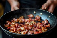 Crispy bacon pieces frying in black cast iron pan with visible hands holding handle, close-up view showing texture and sizzling fat in morning kitchen light.