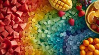 Fresh tropical fruits arranged in rainbow gradient pattern with watermelon, mango, strawberries, oranges and citrus. Colorful healthy food flat lay composition.