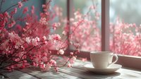 White coffee cup on windowsill with blooming pink cherry blossom branches creating soft morning atmosphere, sunlight casting shadows through window.