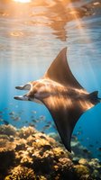 Majestic manta ray gliding through crystal clear tropical waters above vibrant coral reef with golden sunlight filtering from surface creating magical underwater scene.