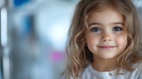 Young girl with blonde wavy hair and bright blue eyes smiling warmly at camera, wearing casual grey top against soft blurred background. Natural childhood portrait.