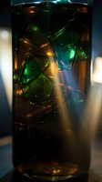Tall glass of dark amber cocktail with glowing green ice cubes, dramatic light rays, moody bar atmosphere, close-up macro shot.