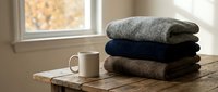 Stacked folded sweaters in neutral tones beside a ceramic mug on rustic wooden table by window with autumn view, home comfort and cozy lifestyle concept.