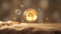 Golden serum drop with floating bubbles on wooden surface, skincare cosmetic product concept for beauty and wellness treatments.