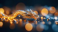 Mystical golden dragon decoration with glowing bokeh lights in dark blue background creates magical oriental atmosphere. Festive Chinese New Year concept.