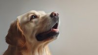 Golden retriever dog looking up with open mouth and happy expression against neutral background for pet care and animal photography.