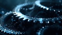 Glowing DNA spiral structure in dark blue tones with bokeh light effects and shallow depth of field creating scientific research atmosphere.