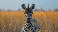 Young zebra with distinctive black and white stripes standing in tall golden grass during sunset in African savanna, wildlife photography.