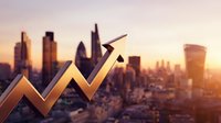 Golden arrow chart rising over modern city skyline at sunset symbolizing business growth, financial success and economic progress in urban environment.