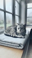 Gray tabby cat resting on a folded blanket by a window on a rainy day, cozy home atmosphere with soft natural light.