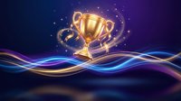 Golden trophy cup floating above flowing colorful waves with sparkling lights on dark blue background for awards ceremonies and achievement concepts.