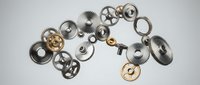 Mechanical gears and cogs floating in space with metallic finish for industrial design concepts and engineering projects on neutral background.