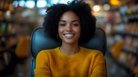 Young African American businesswoman with natural curly hair wearing yellow sweater smiling confidently in modern office environment. Professional corporate portrait with bokeh background.
