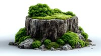 Old tree stump covered with vibrant green moss and small plants, isolated on white background for nature, environmental, or conservation projects.