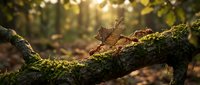 Autumn leaves resting on moss-covered tree branch with warm sunlight filtering through forest creating golden bokeh background for seasonal nature designs.