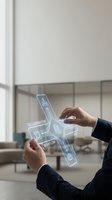 Businessman hands touching holographic digital interface with collaboration workflow icons in modern office environment for business technology concepts.