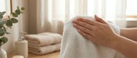 Woman hands touching soft white towel in cozy home interior with folded linens and natural light creating peaceful domestic atmosphere.