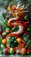 Red Asian dragon surrounded by fresh fruits and vegetables in vibrant composition with oranges, broccoli, cherries and tropical plants against mystical background.