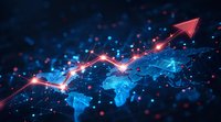 Global financial growth chart with glowing red arrow trending upward over digital world map background with network connections and bokeh light effects.