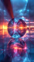 Glowing crystal sphere reflecting futuristic neon lights on wet surface with dramatic orange and blue color scheme creates mystical sci-fi atmosphere.