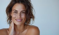 Smiling woman with freckles and natural wavy hair against light background, showcasing authentic beauty and confidence for skincare or wellness campaigns.